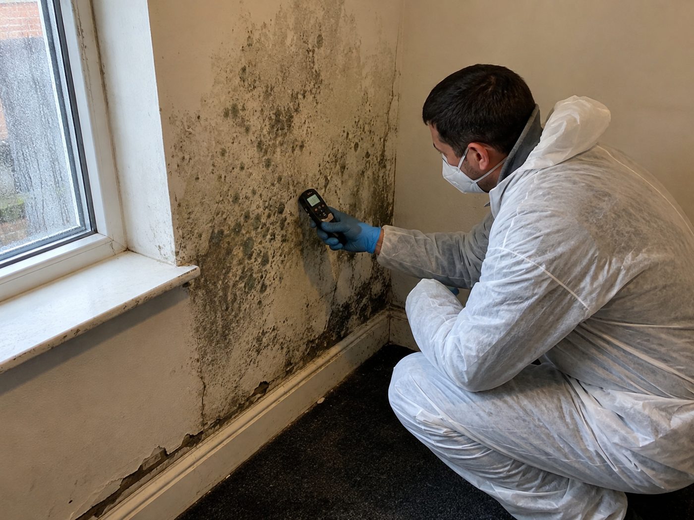 Damp and mould specialist in protective coveralls measuring black mould growth on a bedroom wall