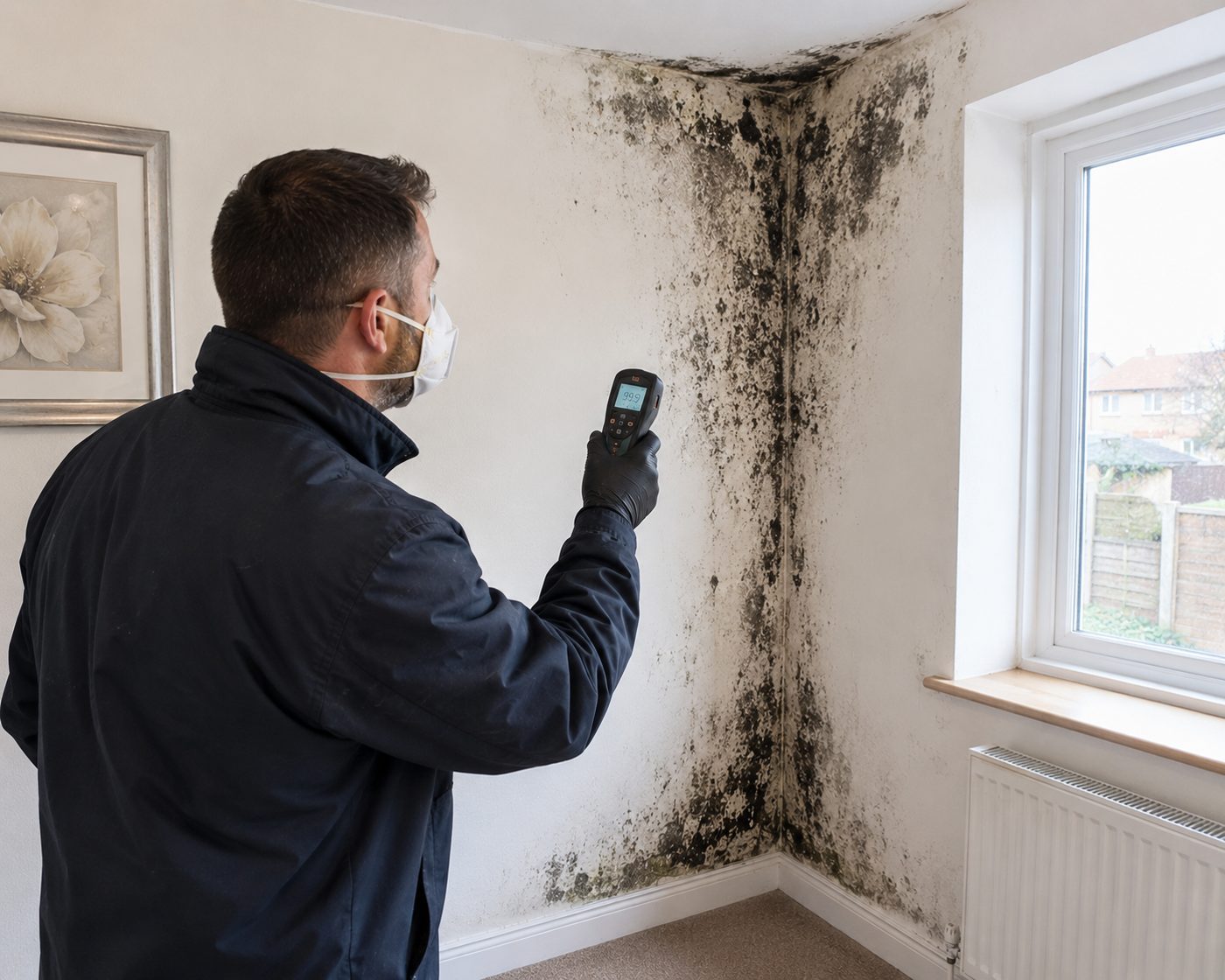 Surveyor using a thermal reading gun on condensation-related black mould in a cold room corner