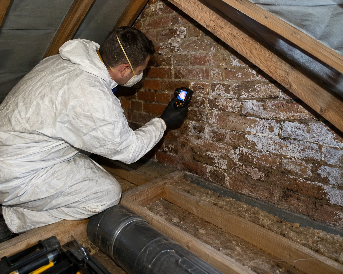Damp and timber surveyor thermal imaging a salt-stained brick gable inside a loft